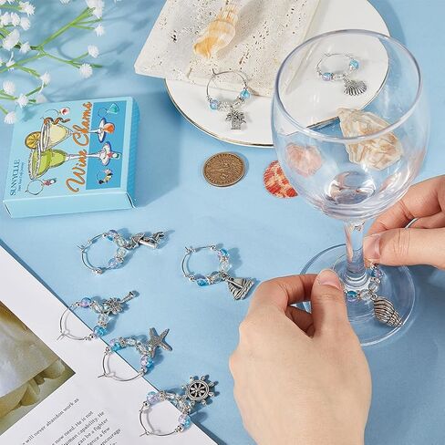 SUNNYCLUE 1 BOX 12PCS Silver Beach Drink Charms Bulk Wine Glass Identifiers Alloy Antique Summer Ocean Beach Shell Drinks Marker Charms Tags for Gathering Wedding Holiday Gift Party Favor Drinks Decor in Saudi Arabia