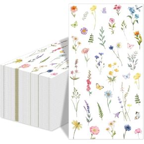 50Pcs Wildflower Napkins Disposable Floral Guest Napkins Butterfly Decorative Paper Flower Napkins Bathroom Hand Towels Wedding Bridal Baby Shower Birthday Tea Party Decorations Home Kitchen