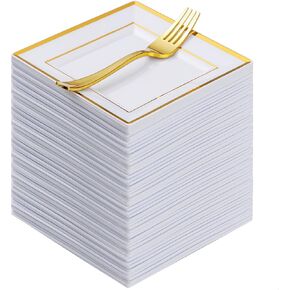 Goodluck 240 Pieces Gold Square Plastic Plates with Forks, Gold Dessert Plates for 120 Guests, Heavy Duty Disposable Plates for Party, Including 120 6.5" Plastic Plates and 120 7.4" Forks