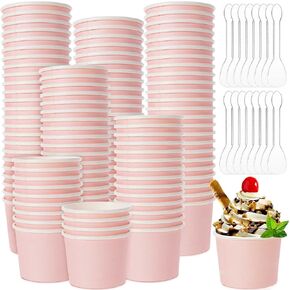 100 Pieces 8 oz Ice Cream Cups with 100 Pieces Spoons Ice Cream Containers Solid Color Disposable Sundae Cups Yogurt Dessert Bowls Party Supplies for Baby Shower Birthday Party (Pink)