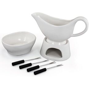 Zenvy Gravy Boat Set | 12 Ounce Ceramic White Gravy Dish Set With Candle Warmer Stand, Butter/Dip Dish, And Appertizer Forks