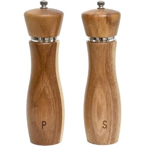 Acacia Wood Salt and Pepper Mill Set Adjustable 8 Inch Refillable Spice Grinders with Stainless Steel Core for Personalized Texture