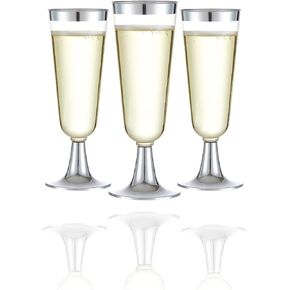 N9R 24pcs Plastic Champagne Flutes with Silver Rim, Clear Disposable Champagne Glasses 5 Oz, Perfect for Wedding and Party Toasting