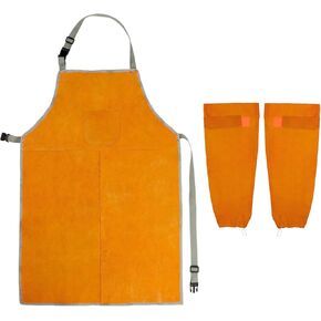 QWORK Welding Apron& Sleeves, Welding Work Protectors Set, Heat and Flame Resistant Leather Work Shop, Blacksmith Protective or Safety Clothing, Welders, Fireplace, Gardening, BBQ Apron, Bib Apron