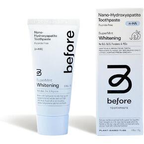 Before Fluoride Free n-HA Whitening Travel Size Toothpaste, Natural, Nano Hydroxyapatite Helps Strengthen Teeth & Remineralize Enamel for Better Mouth Health, Plant Based Tube, Mint Flavor — .88oz