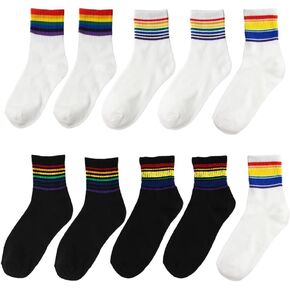 6Pair Stylish Mid-Calf Rainbow Color Stripes Crew Socks Ultra-Breathable Moisture-Wicking Arch Support Anti-Odor Comfortable Sports Socks for Unisex