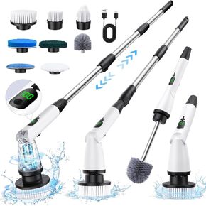 Electric Cordless Cleaning Brush Spin Scrubber 8 Replaceable Brush Heads 3 Adjustable Angle Waterproof LED Display Supplies Bathroom Cleaner Set Long Handle Power Scrubber for Shower Floor Tub