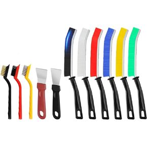TuTuYa 11PCS Hard Bristle Crevice Cleaning Brushes Set, 6PCS Colorful Gap Cleaning Brush&3PCS Wire Brush Nylon/Brass/Stainless Steel&2PCS Scraper for Groove Window Gap Bathroom Kitchen