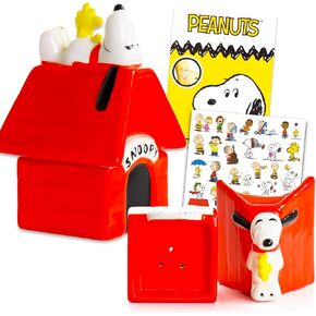 Snoopy Salt and Pepper Shakers Set - Bundle of 5.6" Snoopy and Woodstock Salt and Pepper Shakers Plus Tattoos | Peanuts Kitchen Decor and Accessories