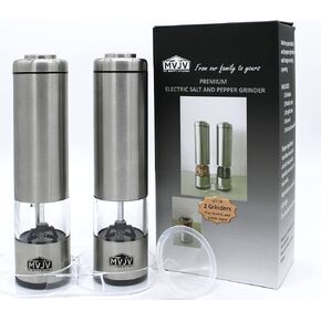 Electric Battery Operated Automatic Salt and Pepper Grinder Set - Stainless Steel and Acrylic body | Tray Stand - Funnel - Mill Lids | LED Light | Adjustable Coarseness Ceramic Mill Shaker (2-Pack)