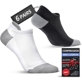 6 Pairs Coolmax No Show Compression Ankle Socks with Max Cushion & Seamless Toe - Arch Support for Running Athletic