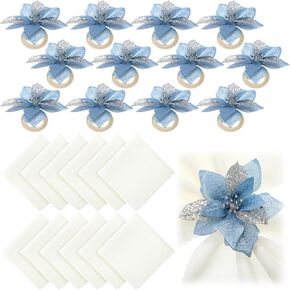 Pickmesh 24 Pcs Christmas Napkin Rings and Cloth Napkins Artificial Poinsettia Flower Napkin Ring Holders Washable Polyester Napkins for Table Wedding Party Holiday Banquet Xmas(Blue White)