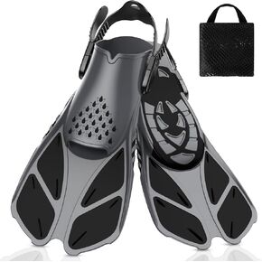 Snorkel Fins, Open Heel Swim Fins with Adjustable Buckles, Travel Size Short Flippers for Swimming Diving, Snorkeling Fins for Adults Youth