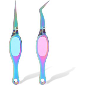 2PCS Stainless Steel Precision Tweezers Set, Soft Grip Reverse Tweezers with Curved and Straight Tips for DIY Crafting, Jewelry Making, Beading, Laboratory Tasks, Needle Nose Tweezers