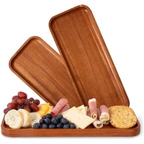 Large Solid Acacia Wood Serving Trays (17 x 6.5 inches) Rectangular Wooden Serving Platters for Home Decor, Food, Vegetables, Fruit, Charcuterie, Appetizer Serving Tray, Cheese Board (Set of 3 Plates)