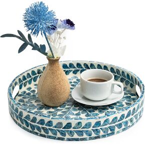 CLAYNIX Serving Tray 12.5 Inch, Lacquer Mother of Pearl Inlay Mosaic Tray, Round Wooden Marble Tray with Handles Trays for Tea, Breakfast (Leaf Style)