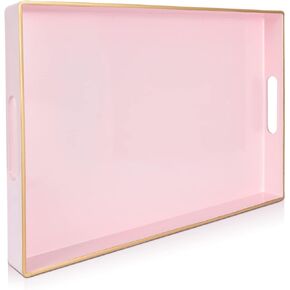 Gifturbo Pink Serving Trays,Decorative Serving Tray with Handles, Coffee Table Tray Rectangular Plastic Tray for Ottoman Bathroom,Living Room, 15.7" x 10.2" x1.37"