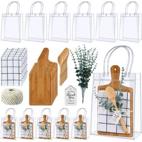 6 Sets Baby Shower Prizes for Game Winners Bamboo Square Cheese Board Bamboo Spoon Plaid Towel Artificial Eucalyptus Stems Gift Tags and Bags for Baby Shower Wedding Bridal Shower Favors