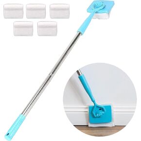 Baseboard Cleaner Tool with Handle [in Stock US], 5 Reusable Cleaning Pads by KnUVSA, Retractable Handle, Used for Bathroom Microfiber Cleaning, Molding Cleaner Tool, 6 Piece Set