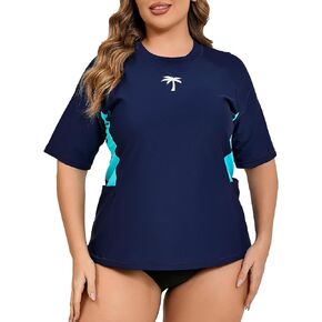 Halcurt Women's Plus Size Short Sleeve Rash Guard Top with Built in Bra Side Pockets UPF50+ Swim Shirts