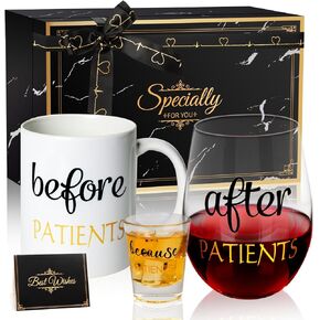 Before Patients After Patients Because Patients Gift Set 11 oz Coffee Mug 18 oz Stemless Wine Glass and 2 oz Shot Glass for Dentist Doctors Unique Nurses Day Valentines Graduation Gifts (Black)