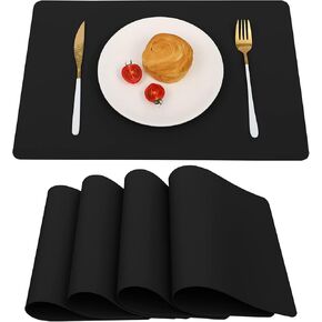 Vinjiasin Placemats Set of 4 Black Leather Place Mats Waterproof Wipeable Heat Resistant Sturdy Rectangle Kitchen Dining Table Mats for Indoor Outdoor Reversible Easy to Clean Decorations