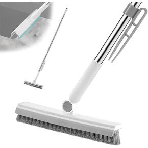 Floor Scrubbing Brush with Squeegee,3 in 1 Grout Brush with 57" Adjustable Long Handle,V-Shape Stiff Brush Bristle,180°Rotation,Bathroom Cleaning Brush for Tile,Deck,Garage,Kitchen,Swimming Pool,White