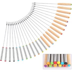 24 Pack 9.6 Inch Stainless Steel Fondue Forks, 12 Wood Handles and 12 Stainless Steel Handles, Heat Resistant Smores Sticks for Roast Meat Chocolate Dessert Cheese Marshmallows (6 Colors)