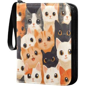 Cute Cats Card Binder 4-Pocket, 400 Pockets PU Waterproof Zippered Collector Card Album with 50 Removable Sleeves for Trading, Game Cards