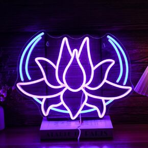 Moon Lotus Flower Neon Sign Dimmable Blue Moon Neon Light Sign for Wall Decor USB Power Purple Lotus Led Light Up Sign for Bedroom Yoga Room Game Room Man Cave