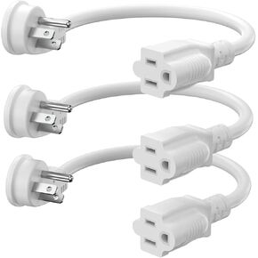 Flat Plug Short Power Extension Cord 1 Foot White 14 AWG 15A 1875W Low Profile 3-Prong Indoor Extension Cable (3 Pack)