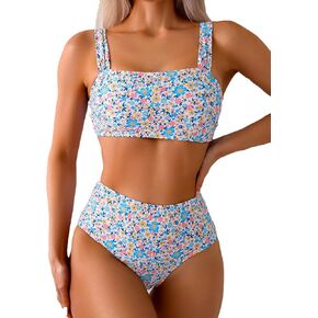 Women's High Waisted Bikini Sets Wide Straps Two Piece Swimsuit Floral Print Bathing Suits