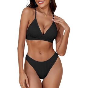 Women Ribbed Triangle Bikini Sets Sexy String Two Piece Swimsuits Crisscross Tie Back Bathing Suit