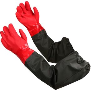 25" Rubber Gloves Extra-Long Waterproof Gloves Heavy Duty Gloves with Cotton Liner Aquarium Pond Cleaning, Seafood Working, Large