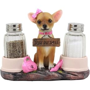 Ebros Gift Hot & Spicy Glamour Pink Sassy Girl Chihuahua Dog Glass Salt Pepper Shakers Holder Figurine Teacup Female Chihuahua Decor