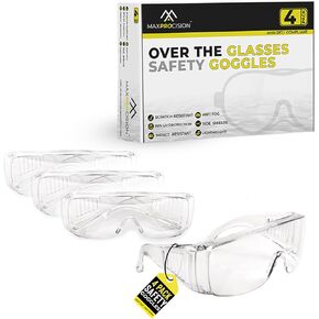 4 Pack Safety Glasses Over Eyeglasses - Clear Safety Goggles With ANSI Z87.1, Anti-Fog, Impact & Scratch Resistant Eye Protection Over The Glasses Safety Glasses For Men & Women
