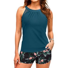 Tankini Bathing Suits with Shorts - High Neck Tankini Swimsuits Two Piece with Two Side Pockets Tummy Control Swimwear 2025