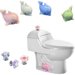 Toilet Bolt Caps，Dolphin Decorative Toilet Bolt Covers，Flower Shaped Toilet Button Pusher，Toilet Flusher Top Push Button for Women Long Nail，Creative Toilet Accessory (Pink Dolphin*2+Pink Flower*2)
