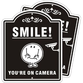 2-Pack Smile You are on Camera Video Survillance Sign,10×12 Inches Aluminum Warning Signs for CTV security camera, UV Proteced Weatherproof ln