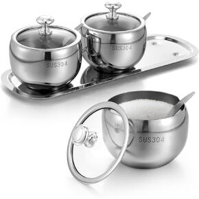 3 Grids 304 Stainless Steel Seasoning Containers Set with Lid Spoon and Tray, Condiment Jar Spice Container, Condiment Canisters Pots for Serving Sugar, Pepper, Salt, Spice