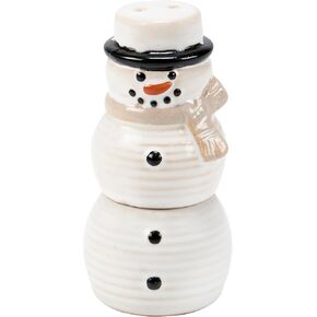 Primitives by Kathy Snowman Salt And Pepper Set - ceramic salt & pepper set displaying a fun stacking snowman design, with handmade details, stack on top of each other to build a snowman for display