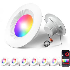 Amico 6 Pack 5/6 Inch Smart WiFi LED Recessed Can Lights, RGBCW Color Changing Retrofit Recessed Lighting, Baffle Trim, APP Control, Dimmer Compatible, 12W=110W 1100LM, IC & ETL