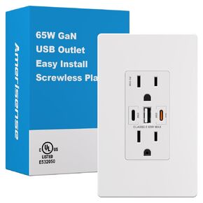 [Upgraded] Amerisense GaN 65W 6Amp 3-Port USB Wall Outlet, 15 Amp Tamper-Resistant Receptacle with 2 USB Type C & 1 Type A Port, USB Charger USB-C with Wall Plated for Phone/Tablet/Laptop,UL Listed