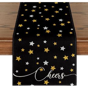 Artoid Mode Black Stars Cheers Happy Birthday Celebration 2024 New Year Table Runner, Graduation Holiday Kitchen Dining Table Decoration for Home Party 13x72 Inch