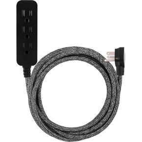 Cordinate 3-Outlet Power Strip Extension Cord with Multiple Outlets 15 Ft Braided Long Cord Extension Cord Grounded Flat Plug Extension Cord ETL Listed Gray 50012