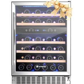 AAOBOSI +Upgraded+ 24 Inch Wine Fridge, 46 Bottles Wine Cooler with Dual Zone, Freestanding and Built-in Wine Refrigerator with Adjustable Shelves and Safety Lock, Double-Layer Glass Door, LED Light