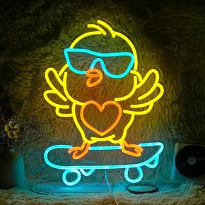 Skateboard Chick Neon Sign Dancing Chicken LED Neon Light for Wall Decor Dimmable USB Light Up Chick Sign for Bedroom Kids Room Birthday Gifts for Boy Girl (16.5"*12.6")