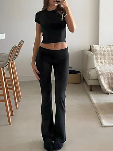 Ticbry Women للسيدات المكون من قطعة من قطعتين أساسيات طويلة الأكمام مع انخفاض طية إضاءة Legging Legging على صالة السراويل in Kuwait