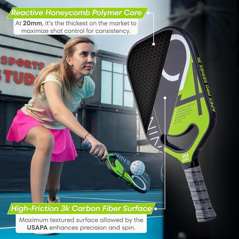 Apex Pro Series 3K Carbon Fiber Pickleball Paddle ، USAPA المعتمدة ، قلب البولي بروبيلين العسل ، سطح الدوران العالي ، التحكم النهائي ، الحلق المفتوح الحراري ، فئة هادئة معتمدة in Saudi Arabia
