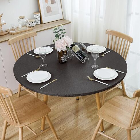 NLMUVW Vinyl Round Tablecloth Fitted with Elastic Edge Flannel Back 100% Waterproof PVC Table Cloth Wipe Clean Table Cover for Camping Outdoor, Light Grey, 40"- 44" in Saudi Arabia